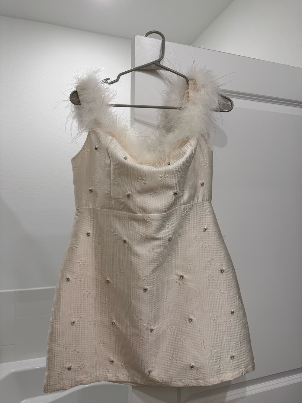 Lulu's Cream Pearl-Embellished Mini Dress with Feather Straps